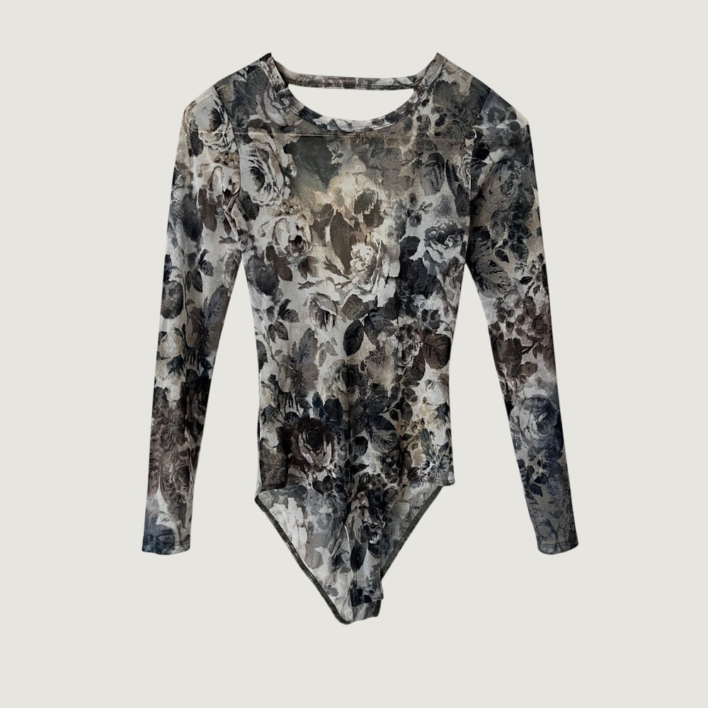 Charlotte‎ Russe Mesh Floral Bodysuit Long Sleeve Open Back Grunge Fairycore S